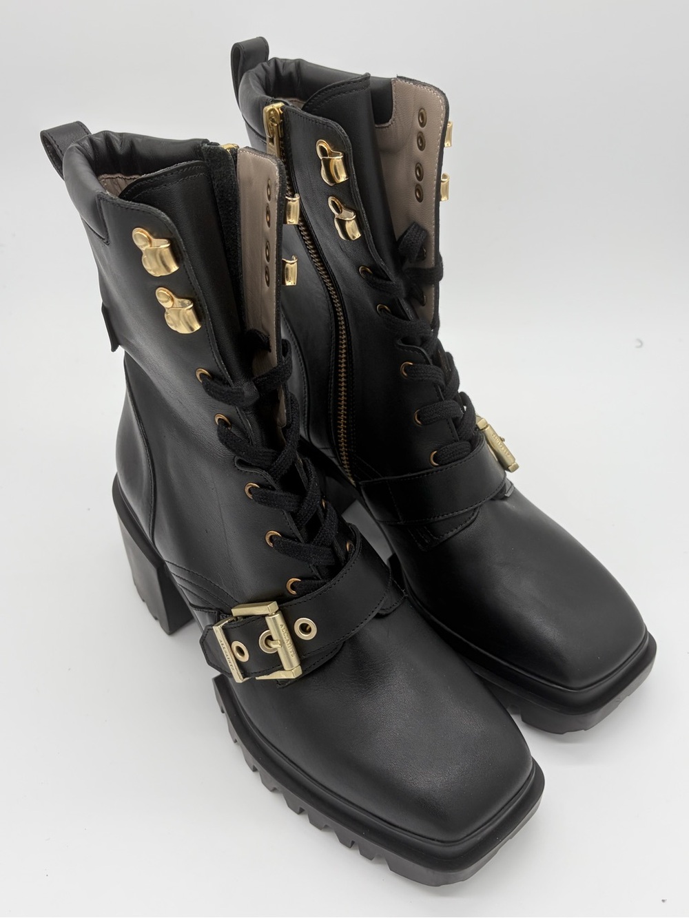 All Saints Black Leather Combat Boots with Gold Hardware New without Box